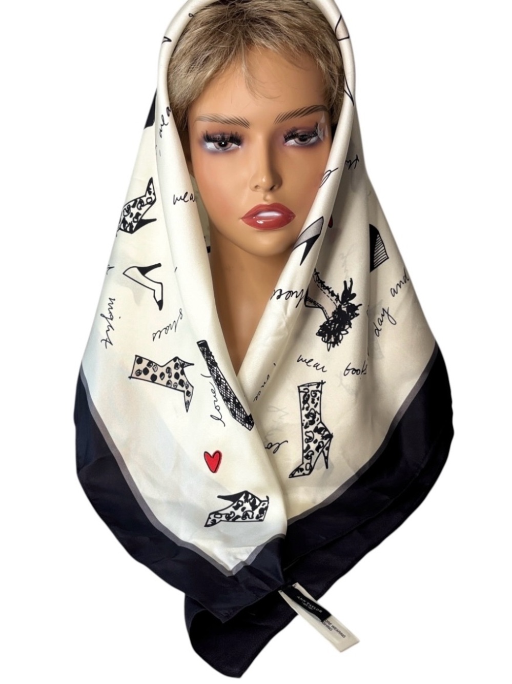 NEW Ann Taylor Shoe Print Silky Satin Square Scarf Black White Red Hearts NWT
